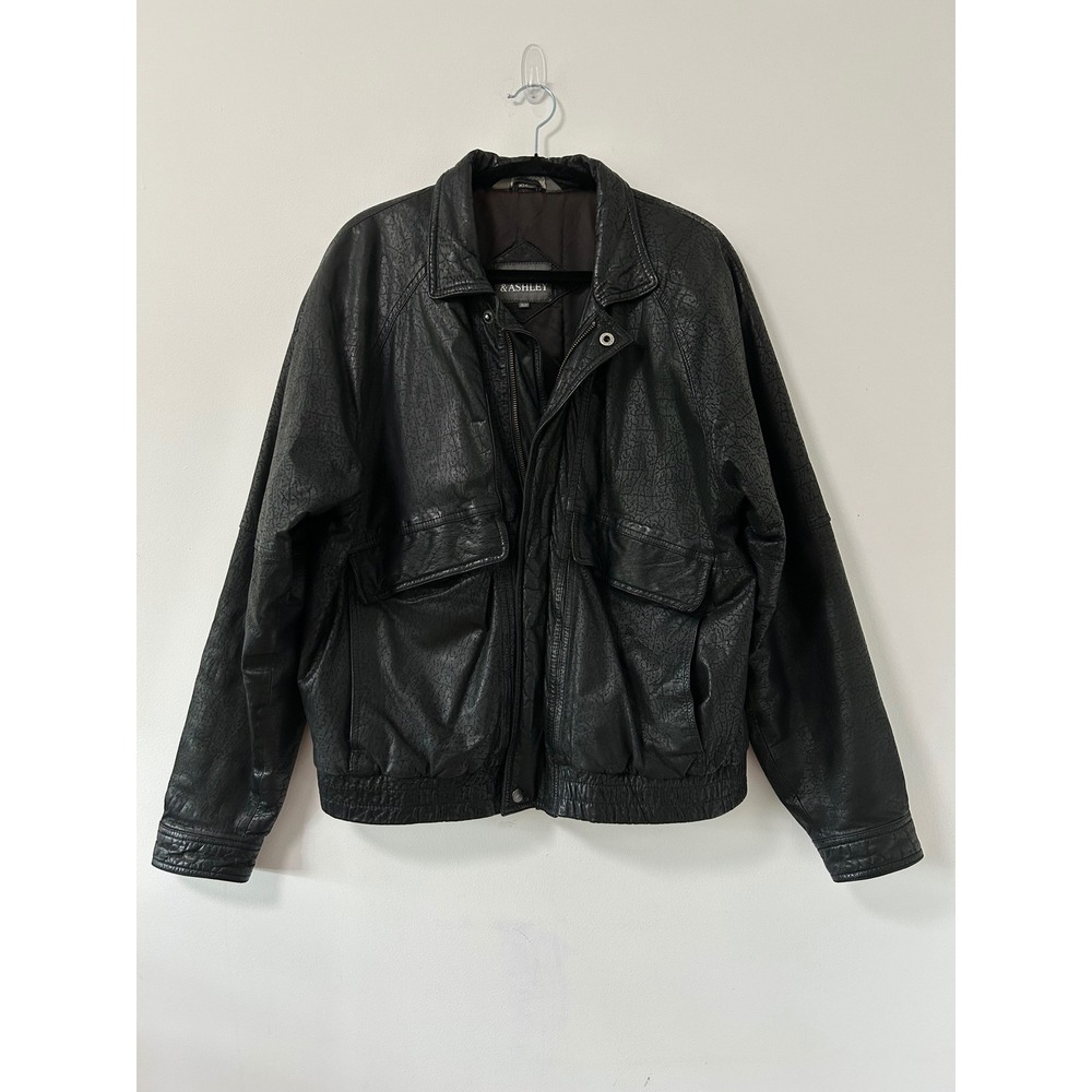 Compton & Ashley Leather Bomber Jacket Mens 42 Black Textured Vintage Grunge